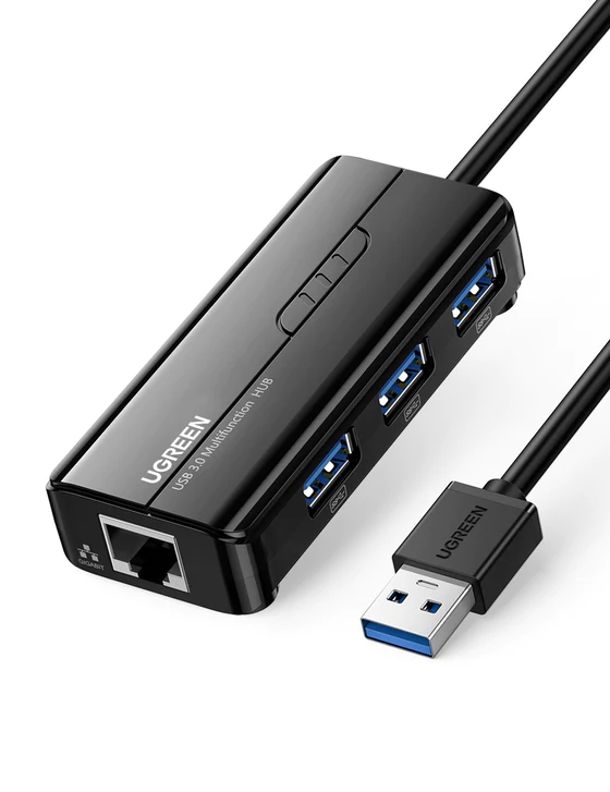 USB-A Male To Ethernet Adaptor + 3 Ports USB HUB